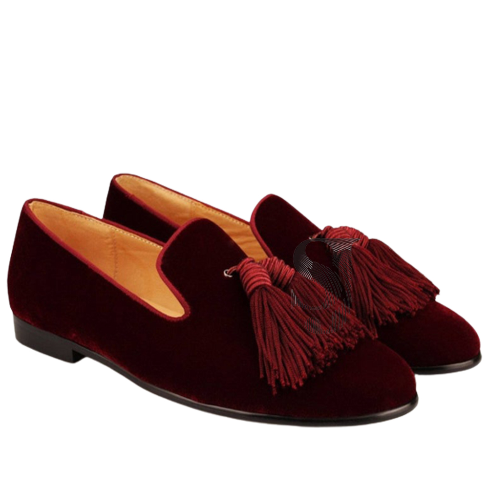 Burgundy Suede Genuine Leather Tassel Loafer Slippers Handmade Fashion Shoes