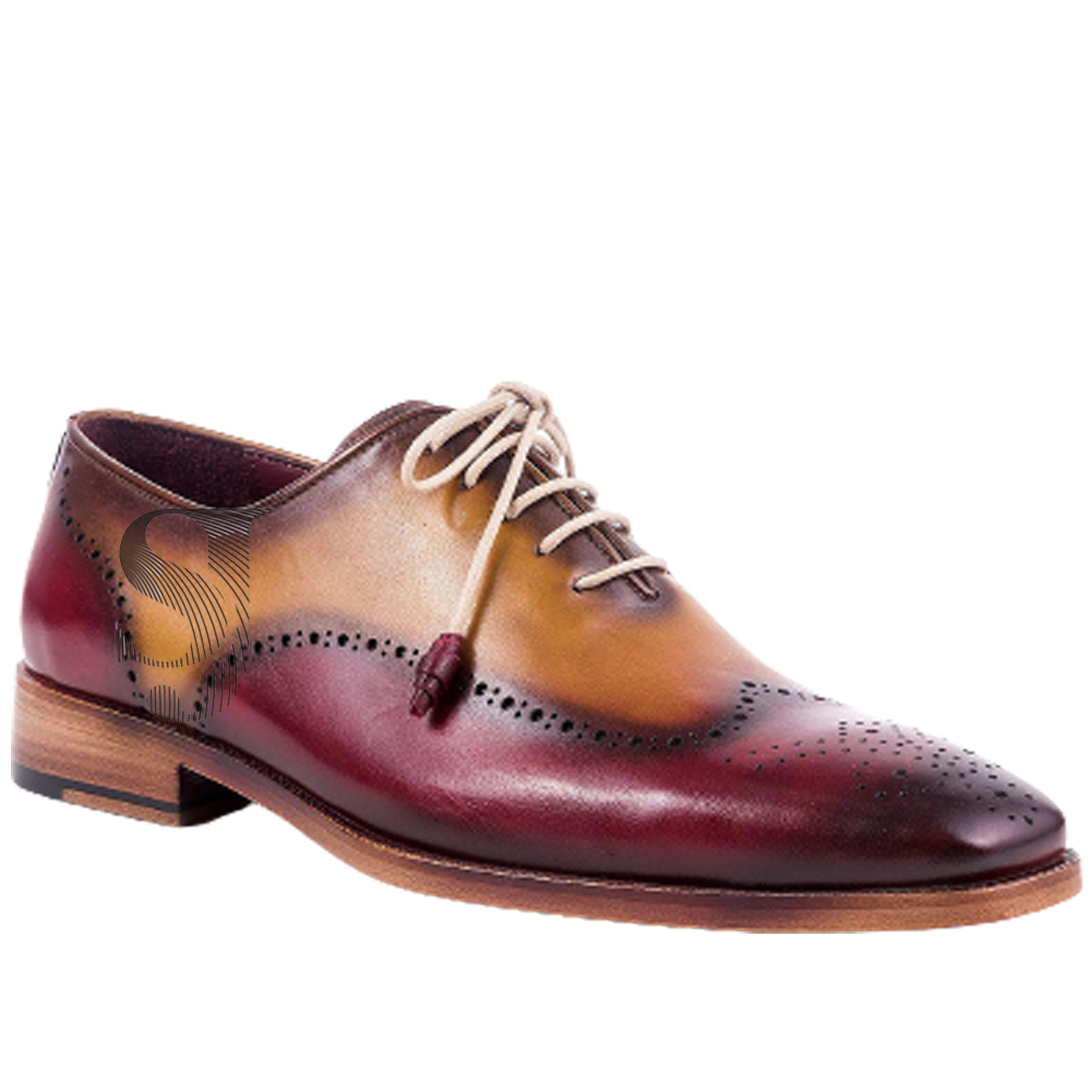 Burgundy Tan Real Leather Burnished Brogue Toe Wing Tip Handmade Fashion Shoes