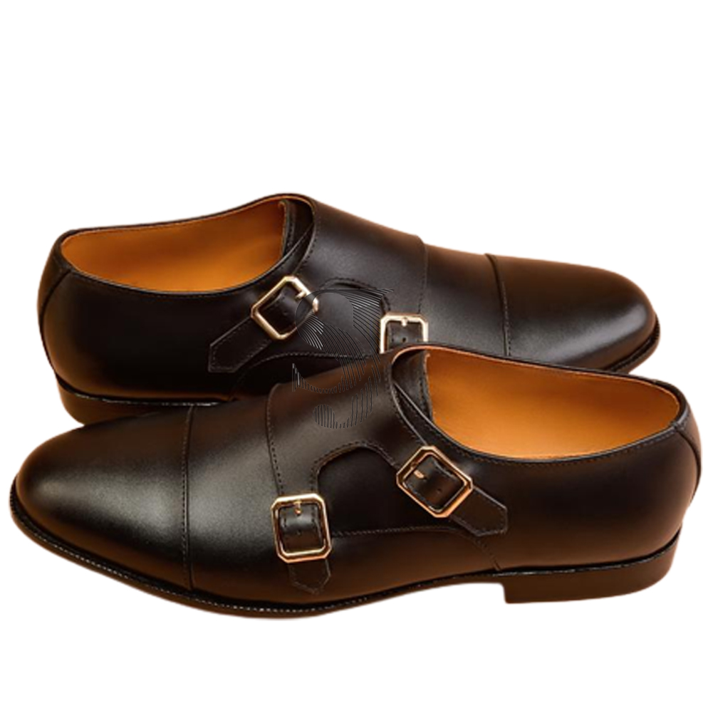 Black leather formal handmade monk shoes for men,office bussiness shoes